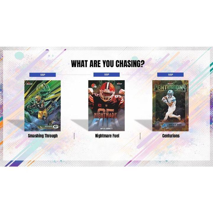Three sports trading card packs with player images and text on a colorful background.