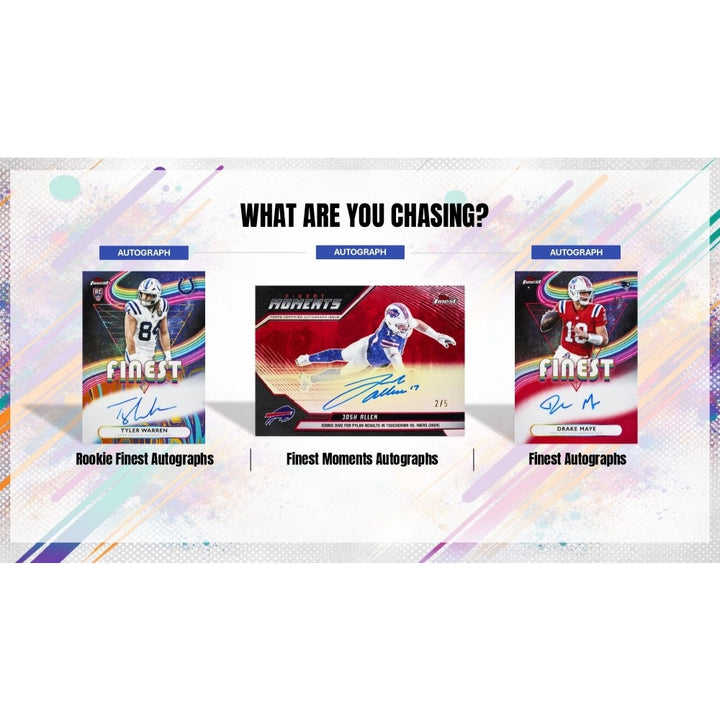 Three sports trading cards with autograph labels on a colorful background