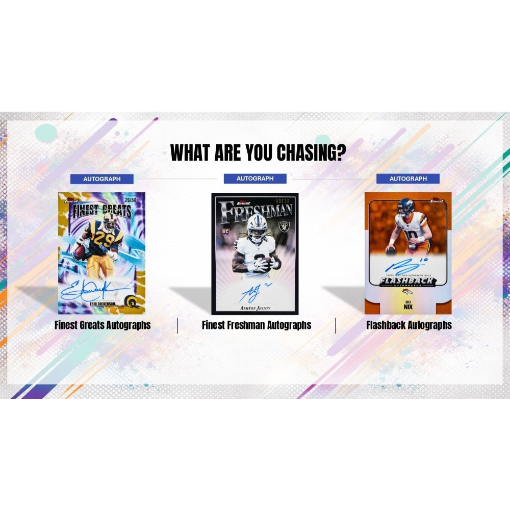Three sports trading cards with autograph labels on a colorful abstract background.