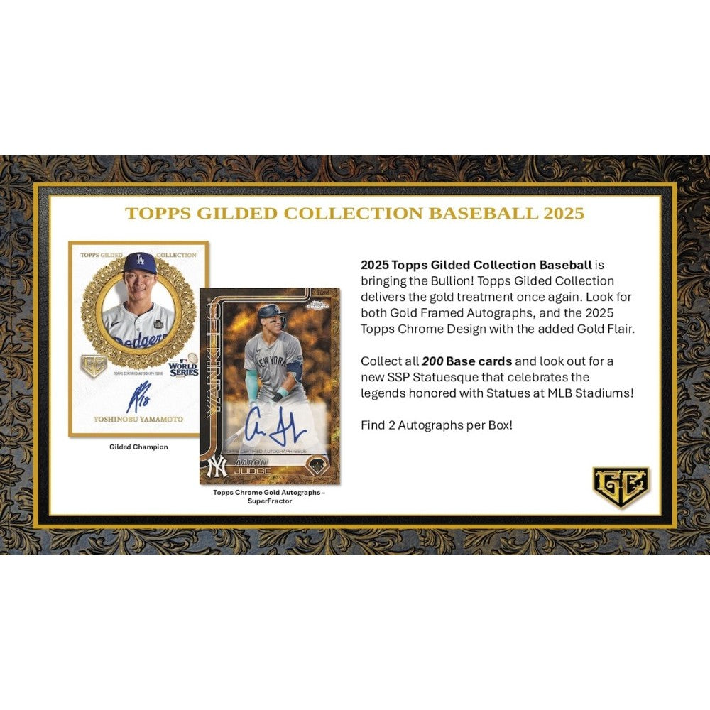 A black and Gold marketing page titled Topps Gilded Collection with example Autograph Cards on a white background.
