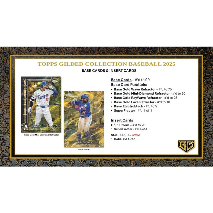 A black and Gold marketing page titled Topps Gilded Collection with example Base and Insert Cards on a white background.