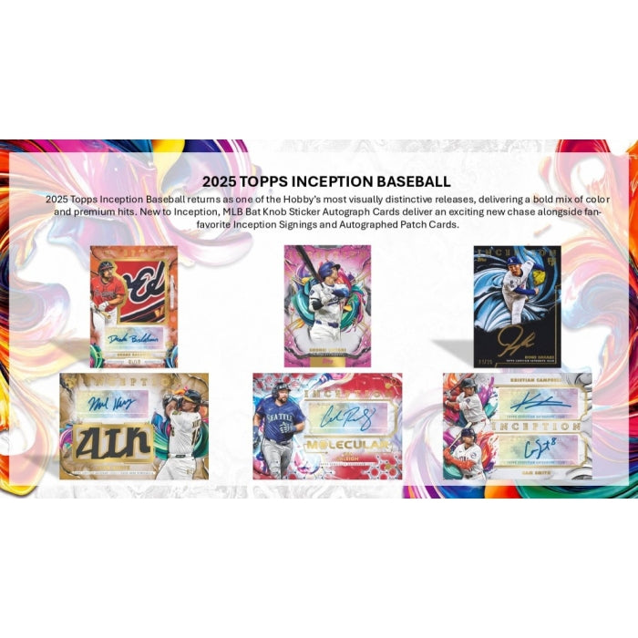 Promotional image of 2025 Topps Inception Baseball trading cards with colorful design elements.
