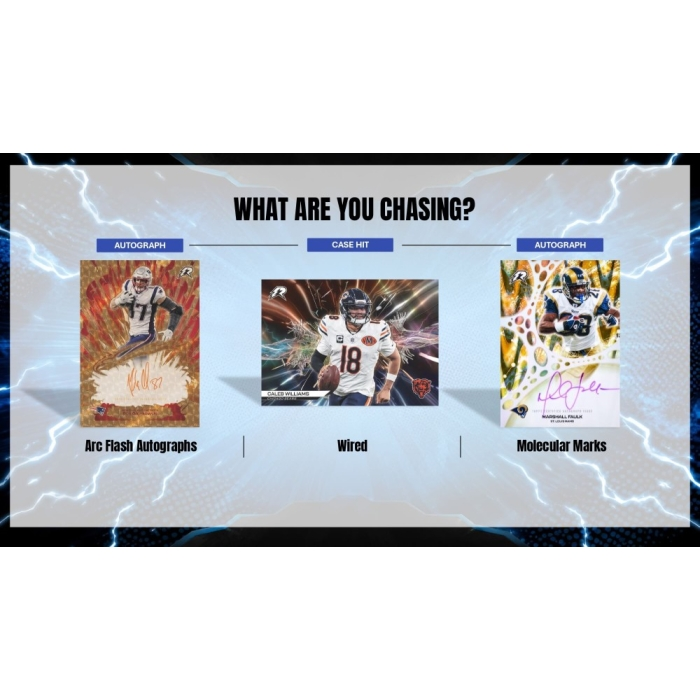 A promotional graphic with the headline 'WHAT ARE YOU CHASING?' showing three sports trading card examples side by side: an Arc Flash autograph card, a Wired card, and a Molecular Marks autograph card, on a light background with blue lightning effects.