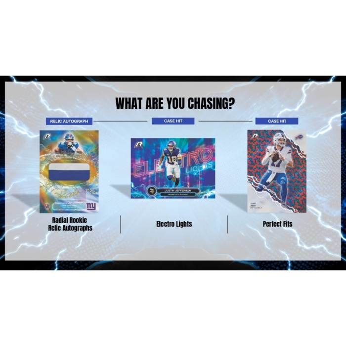 Promotional graphic for a football trading card case set, featuring three product examples side by side under the heading 'WHAT ARE YOU CHASING?': a Blue Label autograph card, an Electro Lights case, and Perfect Fits case.