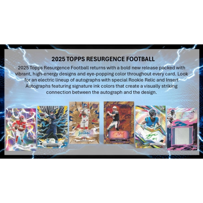 Promotional graphic for the 2025 Topps Resurgence Football trading card set, featuring a central text block with lightning effects and five sample football cards displayed across the bottom.