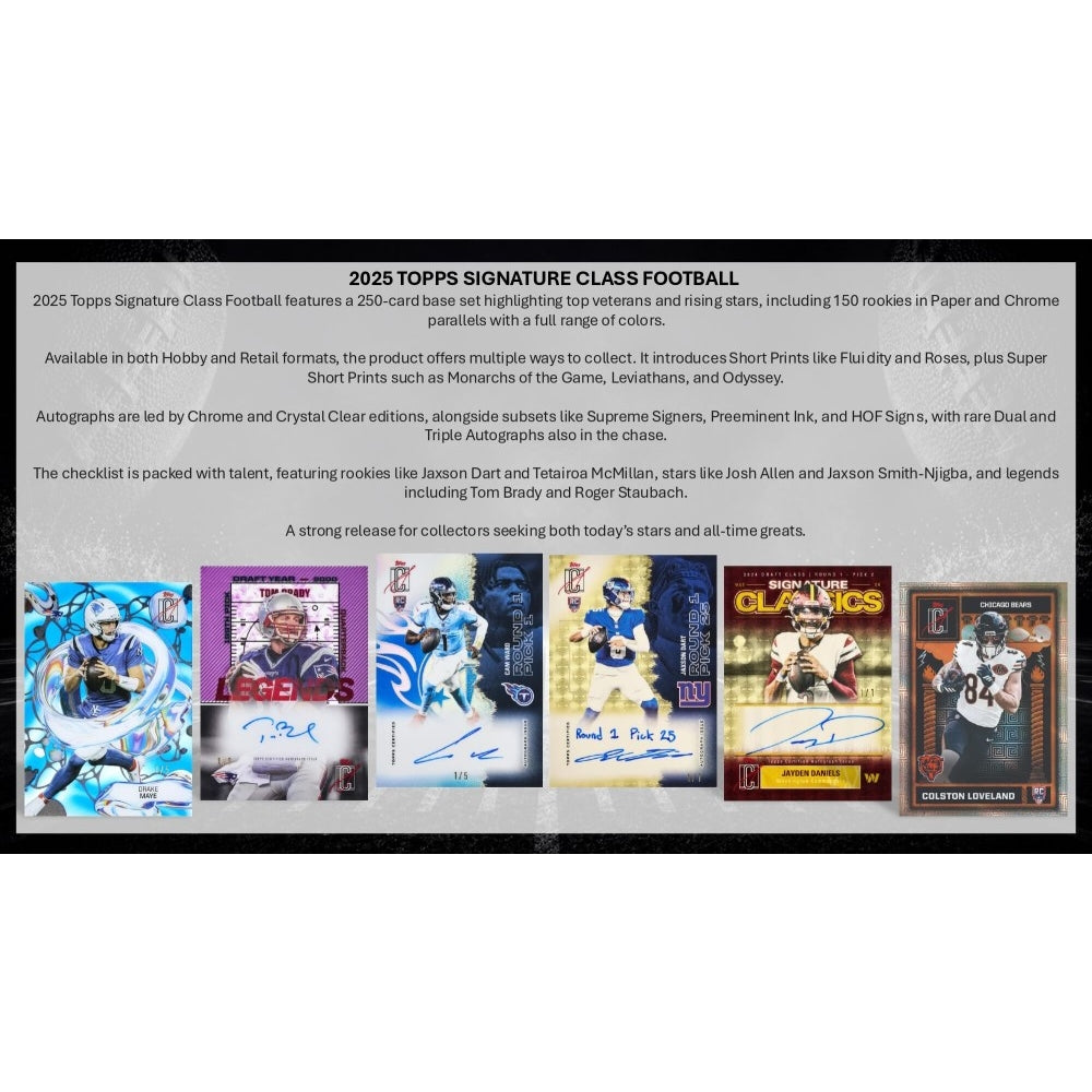 Promotional image of 2025 Topps Signature Class Football trading cards with text about the product.
