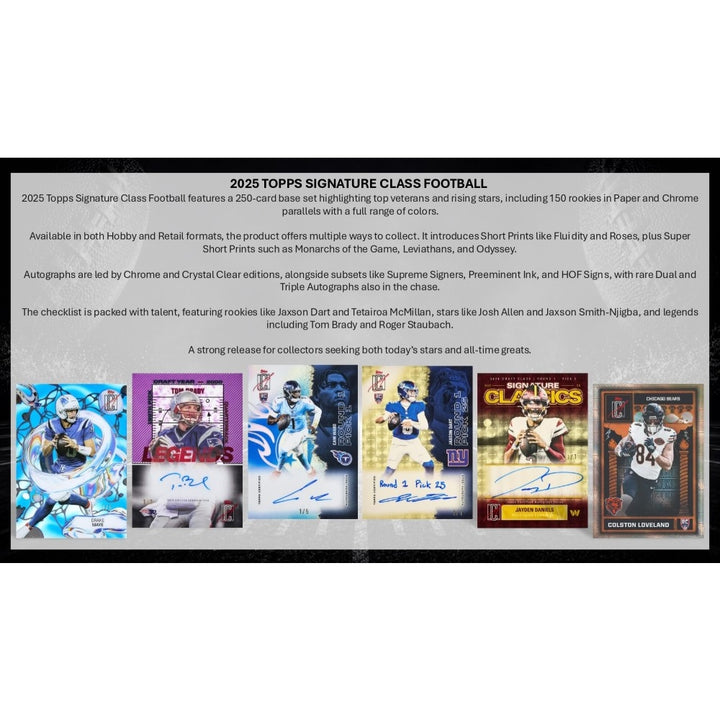 Promotional image of 2025 Topps Signature Class Football trading cards with text about the product.