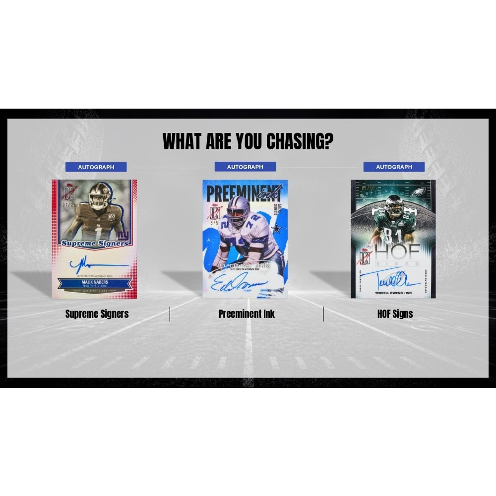 An image showing examples of cards that you can get including Supreme Signers, Preeminent Ink, and HOF Signs on a white background.
