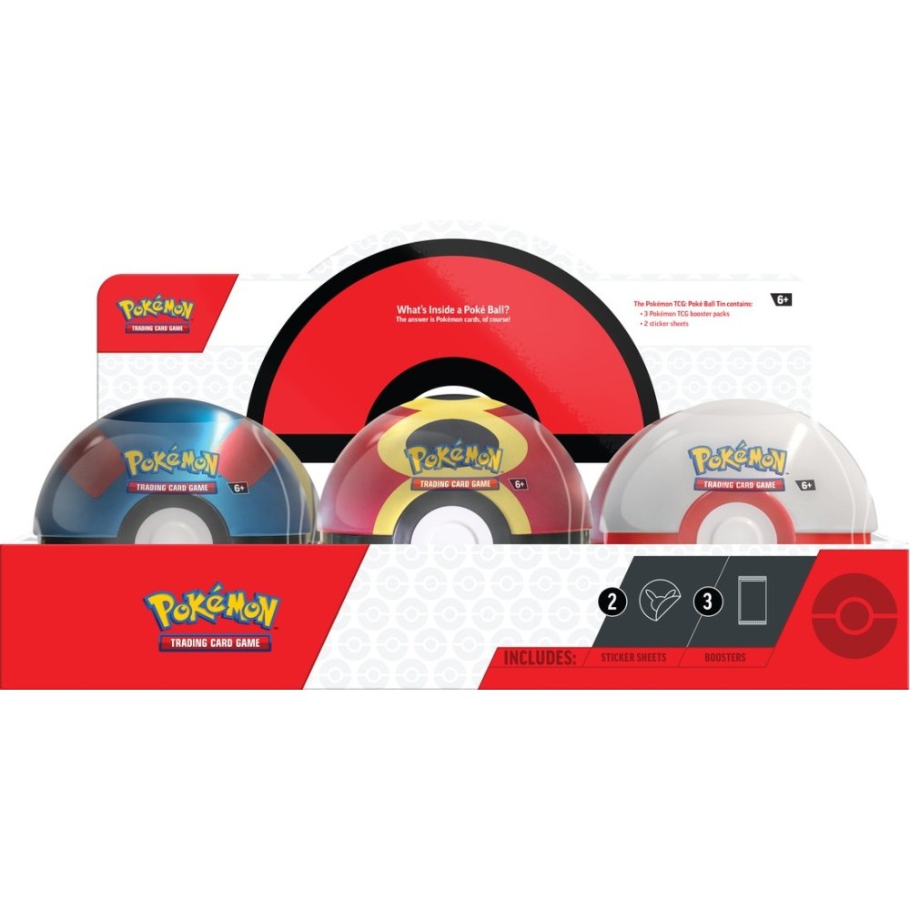 Pokémon trading card game packaging with Poké Ball designs on a white background