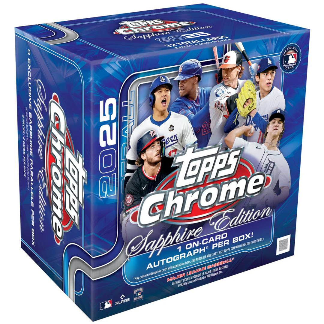 a sapphire blue box, 2025 Topps Chrome Sapphire baseball hobby box with one on-card autograph promised per box