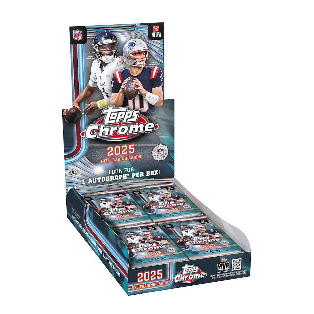 Topps Chrome 2025 NFL trading card packaging with two football players on the cover.