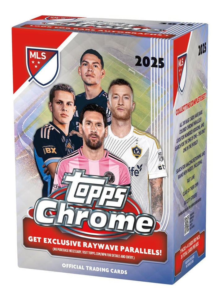 Topps Chrome MLS 2025 trading card box with player images on a white background