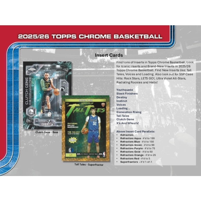 2025/26 Topps Chrome Basketball trading card packaging with insert cards on a white background.