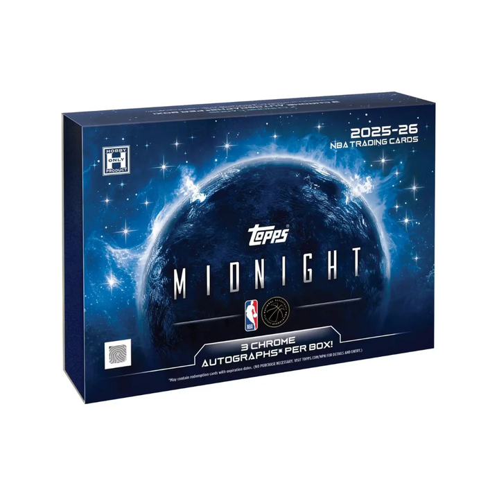 Topps 2025-26 NBA Trading Cards Midnight packaging on a white background