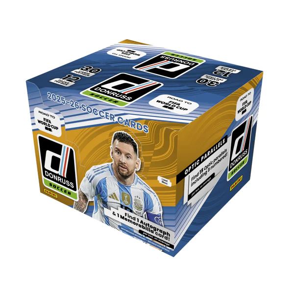 Donruss 2025-26 Soccer Cards packaging with a soccer player on the front