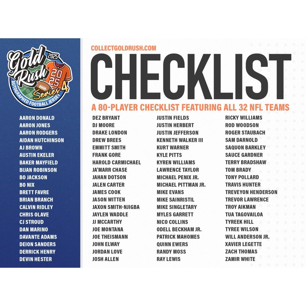 2025 Gold Rush Autographed Football Jersey Checklist