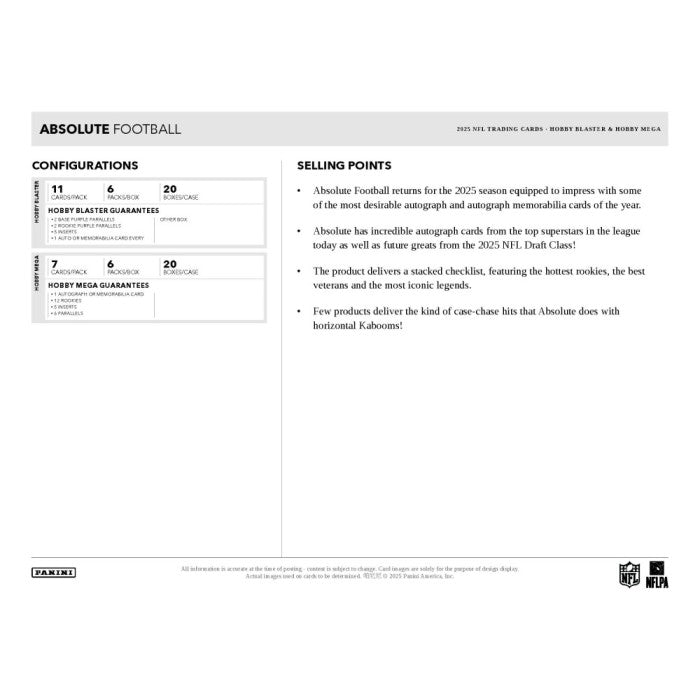 2025 Absolute Football Trading Cards Configuration and selling points marketing sheet