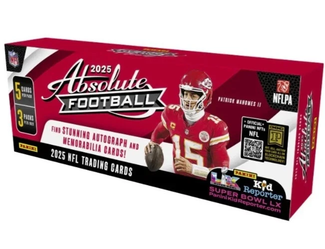 A red box of 2025 Absolute Football Trading Cards