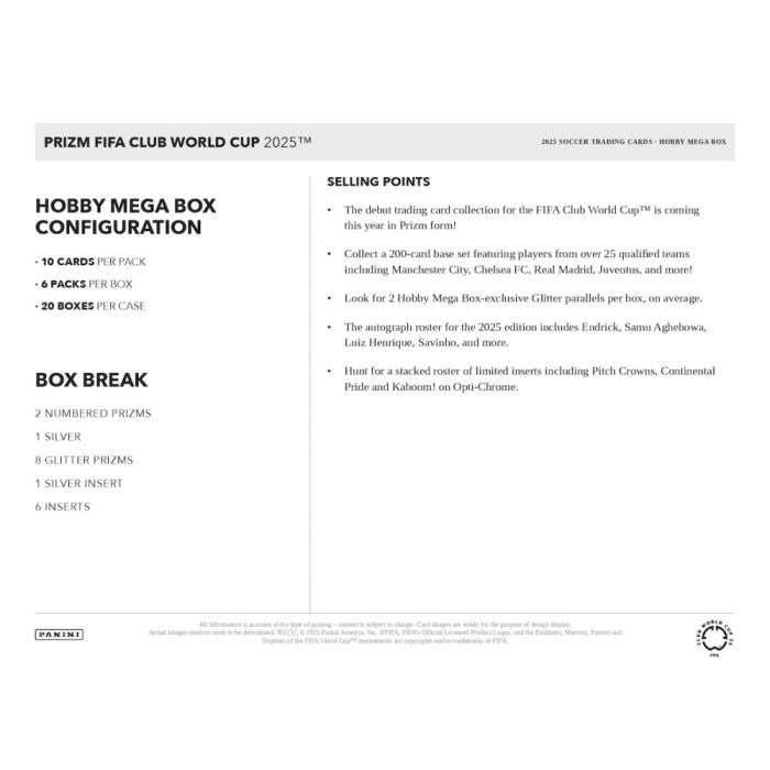 2025 Panini Prizm FIFA Club World Cup Soccer Hobby Mega Box