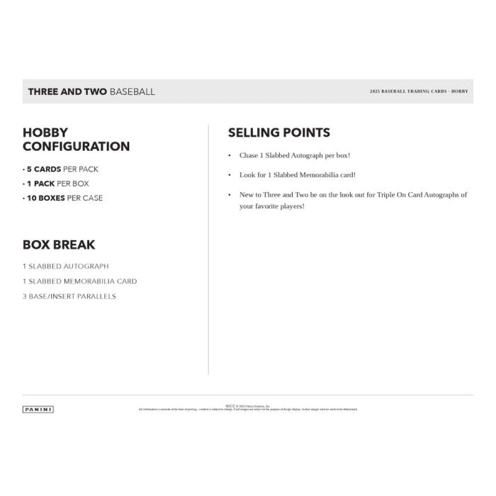 Brochure or flyer for a hobby configuration of Three and Two Baseball cards with text on a white background.