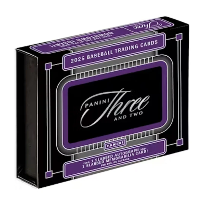 Panini Three and Two 2025 Baseball Trading Cards packaging on a white background