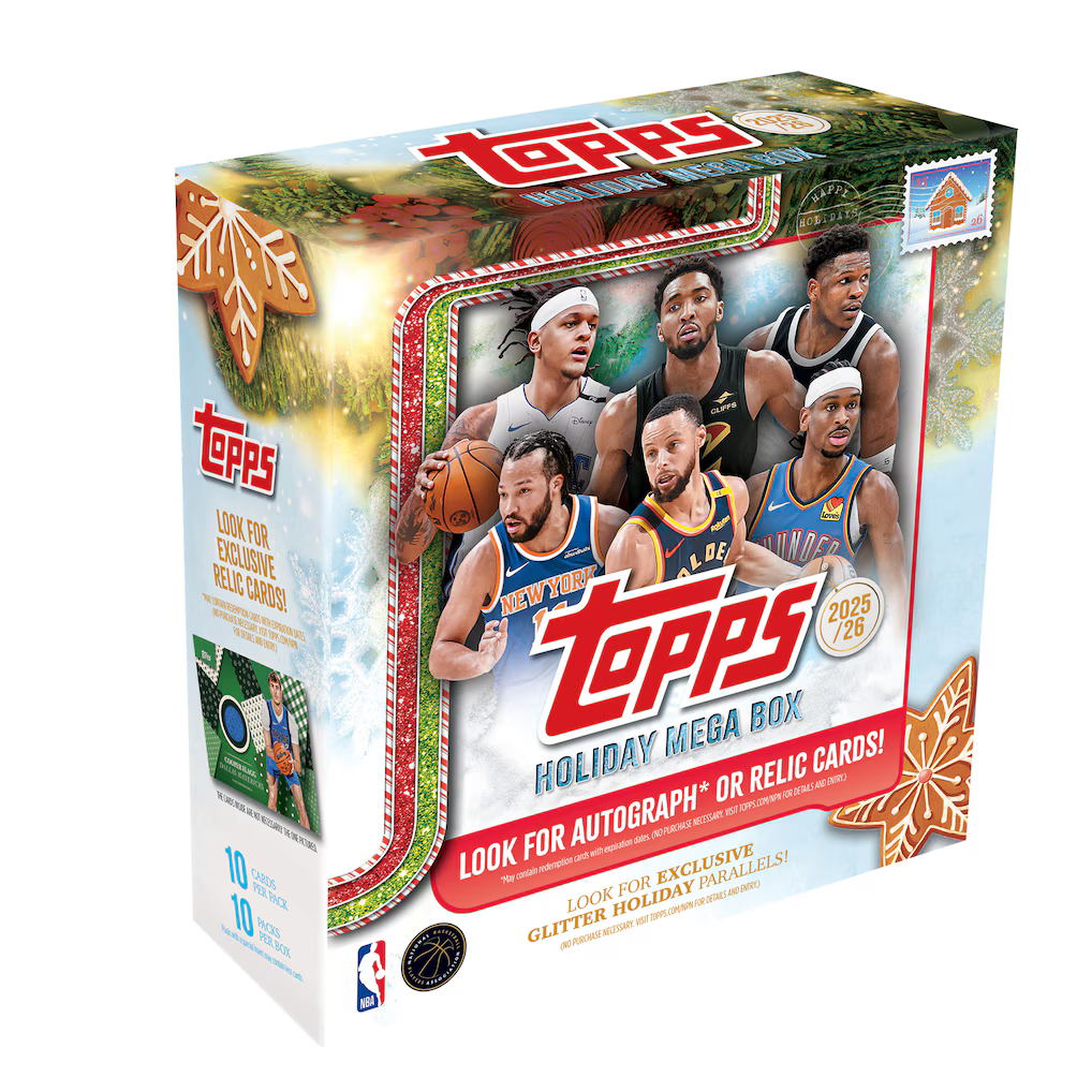 2025 Topps Holiday Basketball Mega Box with 10 Cards per pack and 10 Packs per box.