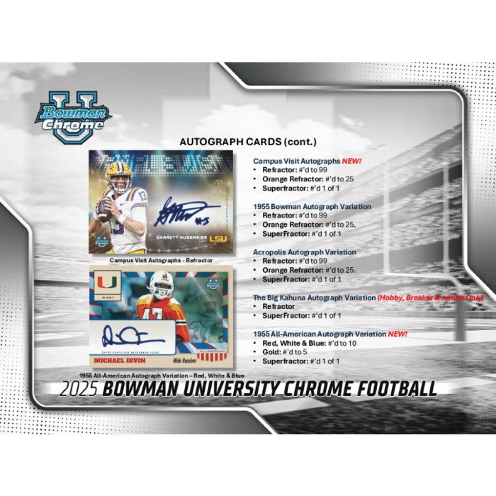 A marketing sheet showing autographed  2025 Bowman University Football Cards