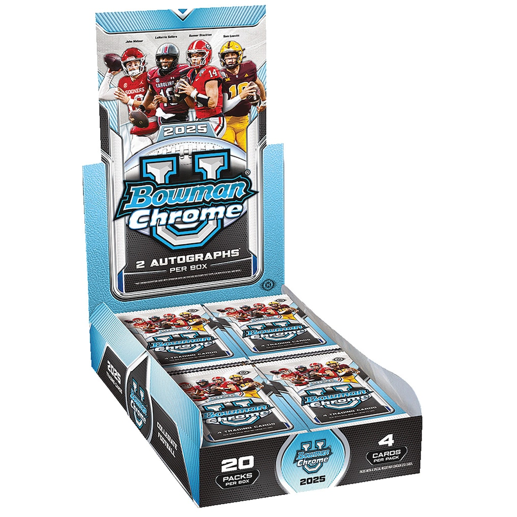 A blue and black box with 2025 Bowman University Football Cards