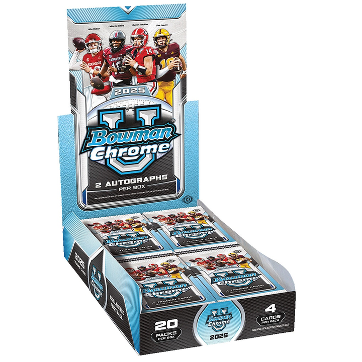 A blue and black box with 2025 Bowman University Football Cards