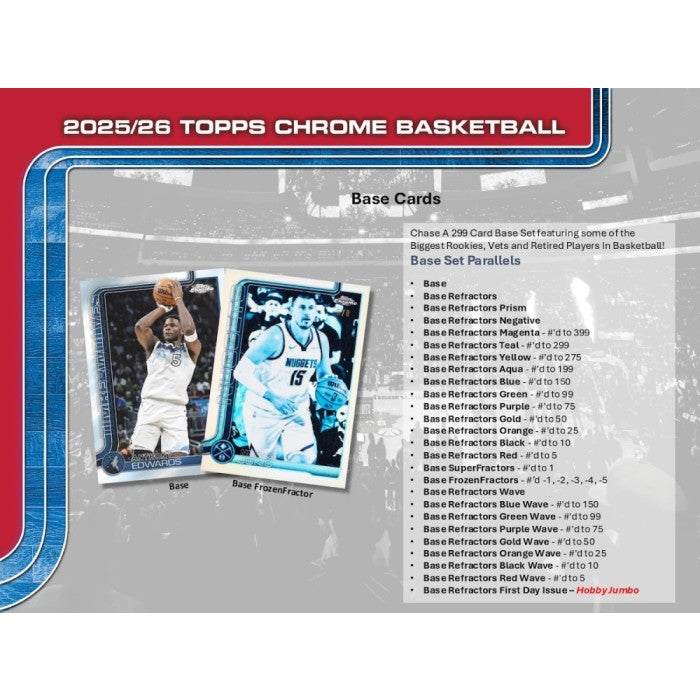 2025/26 Topps Chrome Basketball trading card packaging with player images and card details.