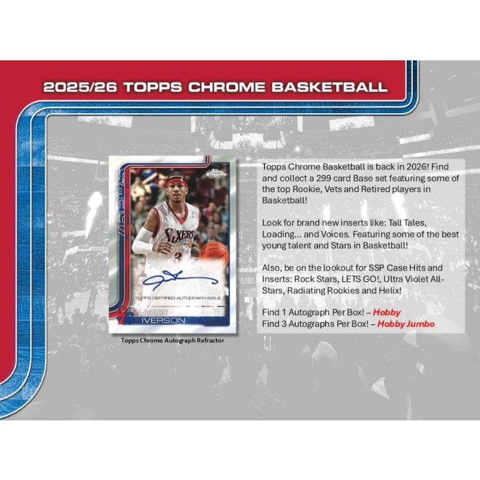 Promotional image for 2025/26 Topps Chrome Basketball trading cards with a basketball player card on a gray background.