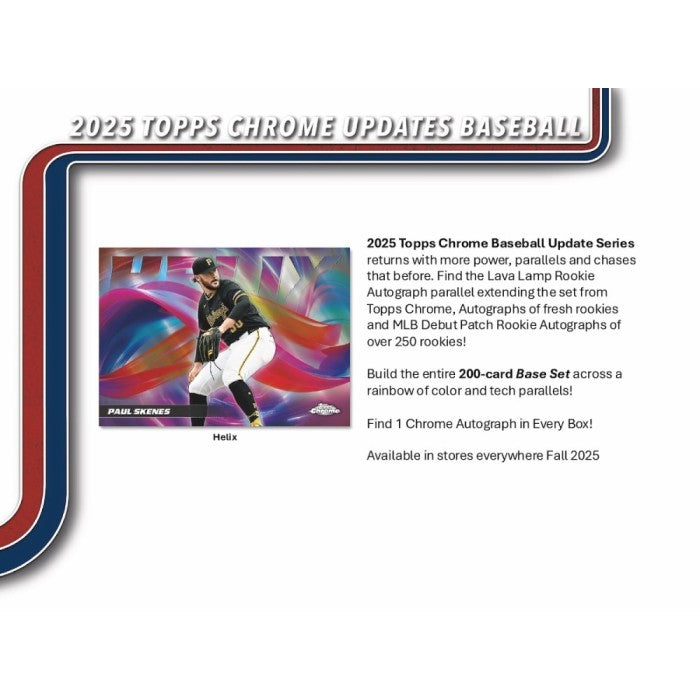 Promotional image for 2025 Topps Chrome Updates Baseball card with a player on a colorful background.