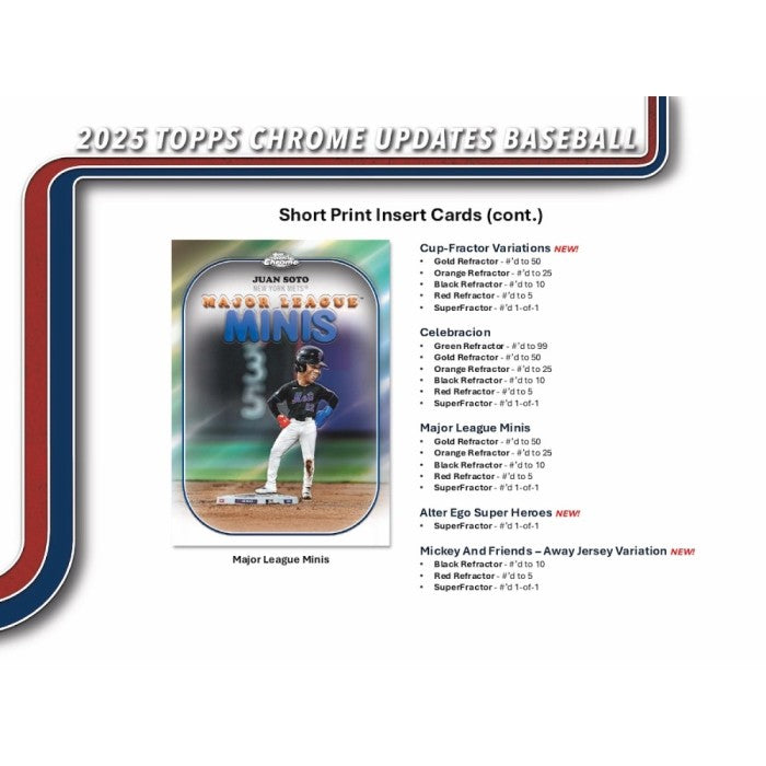 Baseball trading card with 'Major League Minis' design and text about 2025 Topps Chrome Updates Baseball.
