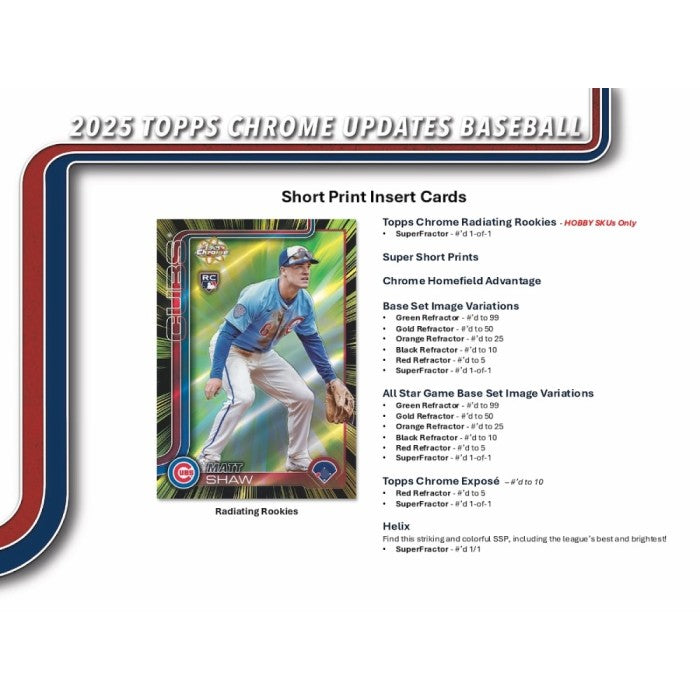Baseball trading card with player image and text about 2025 Topps Chrome Updates on a white background