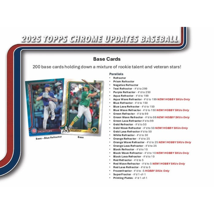 2025 Topps Chrome Updates Baseball trading card pack with images of baseball cards and product details.