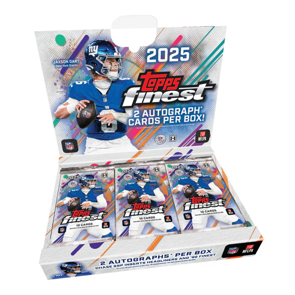 Topps Finest 2025 trading card packaging with a football player on the front.