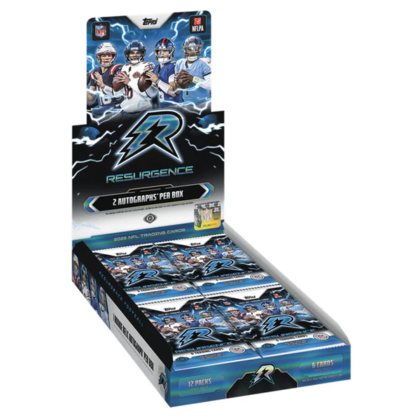 A display box of NFL trading cards, Resurgence series, featuring blue and black packaging with player graphics and the NFL shield logo, shown on a white background.