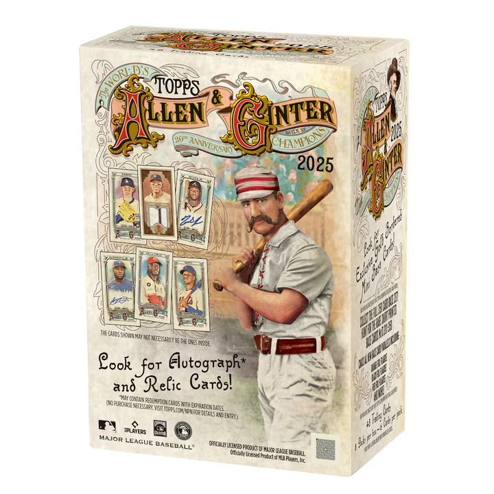 Topps Allen & Ginter baseball trading card box from 2025 on a white background