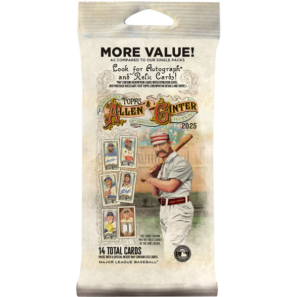 Topps Allen & Ginter 2025 trading card pack with vintage baseball player illustration on a white background