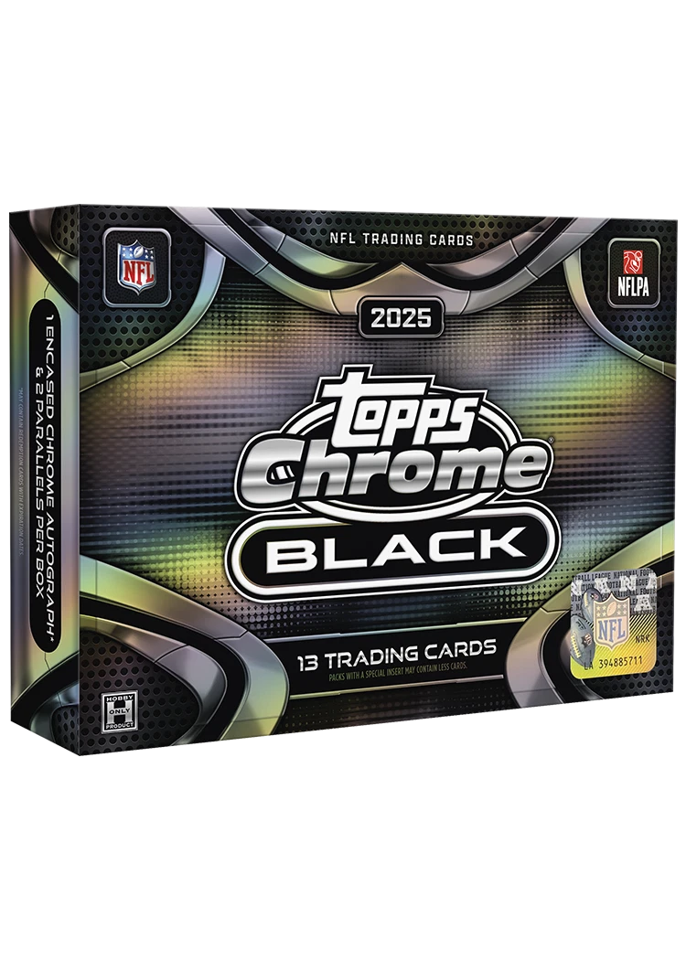 A promotional image of a 2025 Topps Chrome Black Football Hobby Box