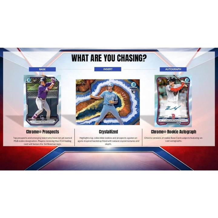 Three baseball trading card images with 'What Are You Chasing?' text on a colorful background.