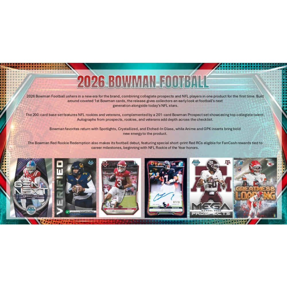 An image of a 2026 Bowman Football Hobby Box showing the official branding, logo, and featured rookie player artwork on the front packaging.