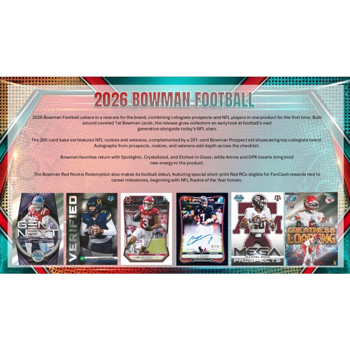 An image of a 2026 Bowman Football Hobby Box showing the official branding, logo, and featured rookie player artwork on the front packaging.