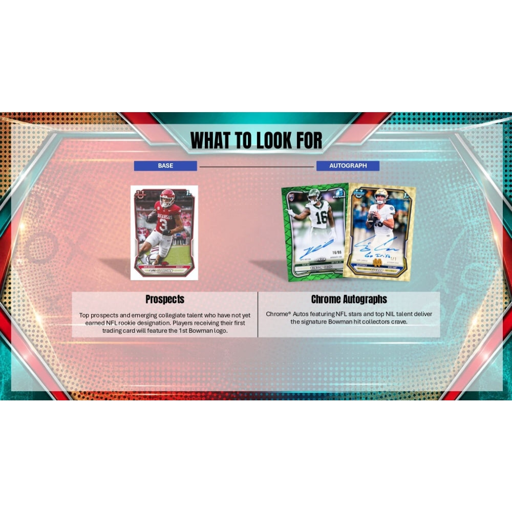 An image of a 2026 Bowman Football Cards showing the official branding, logo, and featured prospect card artwork and chrome autograph cards.