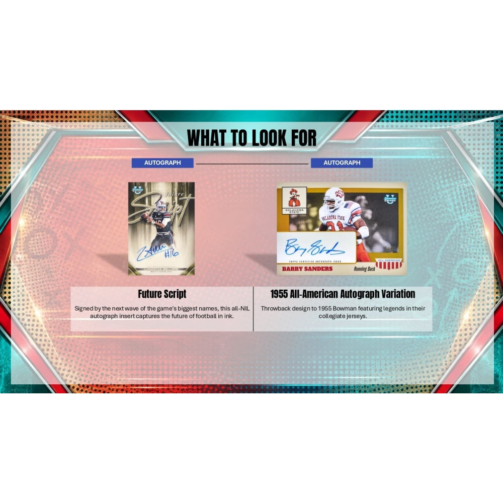 An image of a 2026 Bowman Football cards showing the official branding, logo, and featured autograph cards.