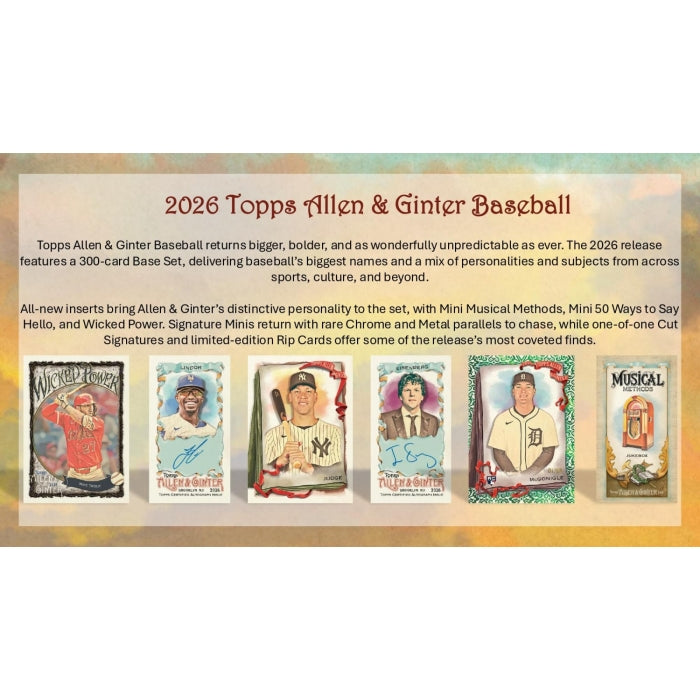 A sealed 2026 Topps Allen & Ginter Baseball Hobby Box featuring its signature vintage-style illustrated design, displaying the product logo, baseball themes, and details about the included card packs and hobby-exclusive inserts