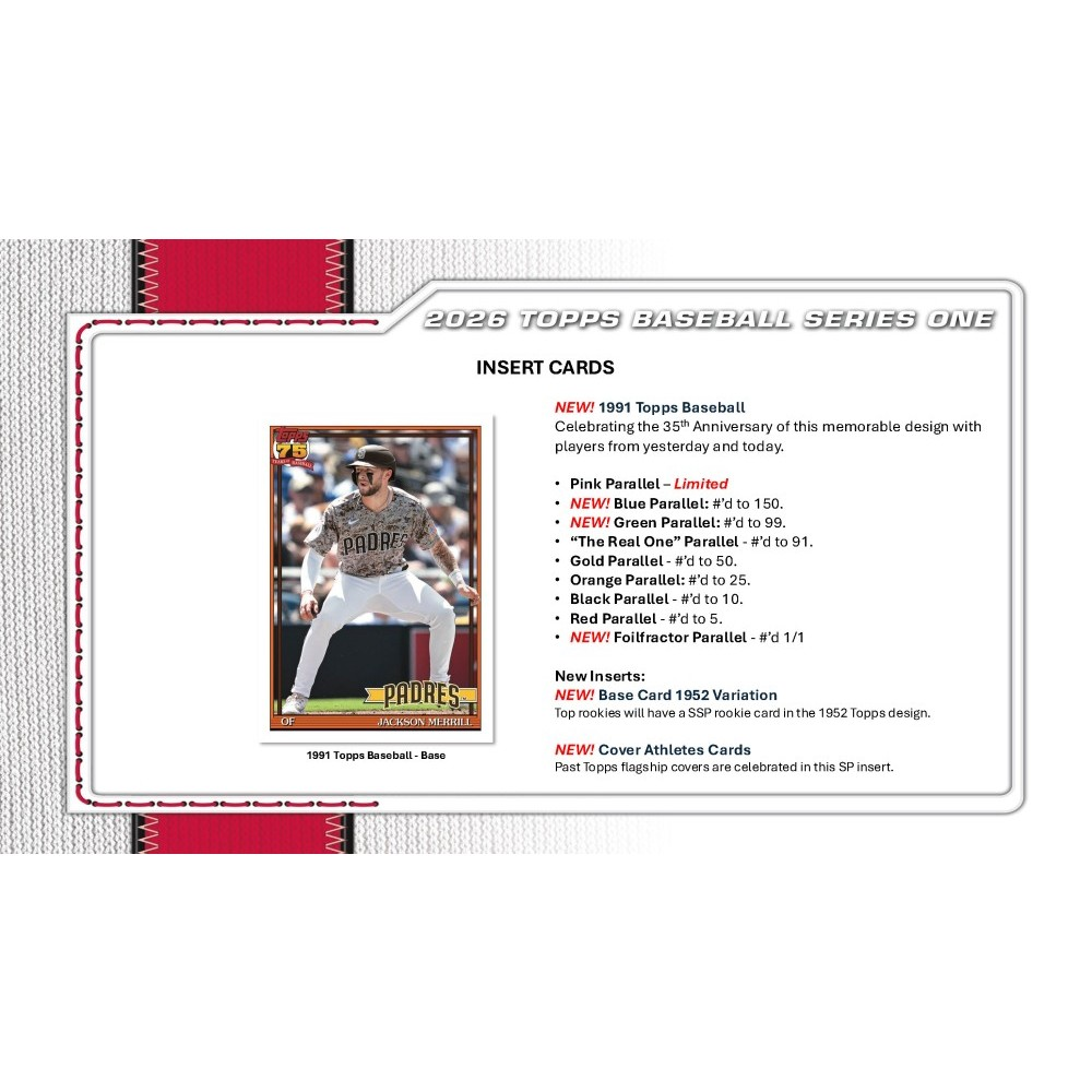 Baseball trading card pack with 2026 Topps Baseball Series One branding and a baseball player image.