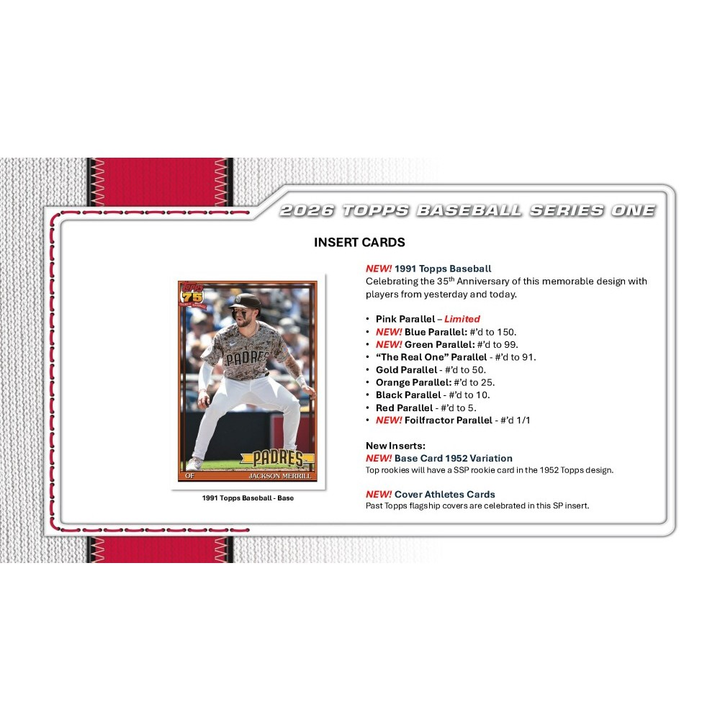 Baseball trading card pack with 2026 Topps Baseball Series One branding and a baseball player image.
