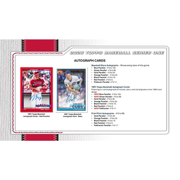 2026 Topps Baseball Series One trading card pack with autograph cards on a white background