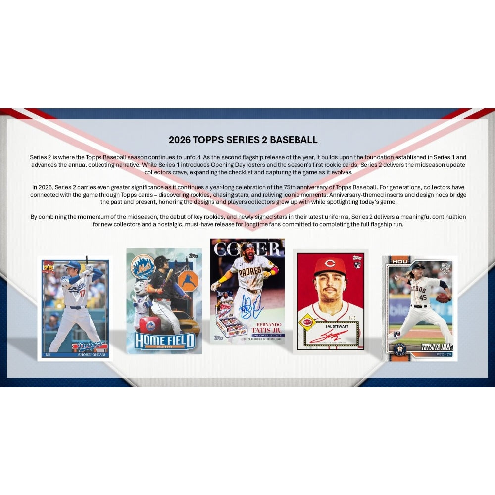 Promotional image for 2026 Topps Series 2 Baseball cards with text and player cards.